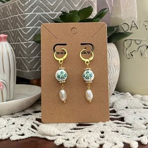 *3 for $20* White/Green/Gold Floral Bead and Pearl Dangle Huggie Hoop Earrings
